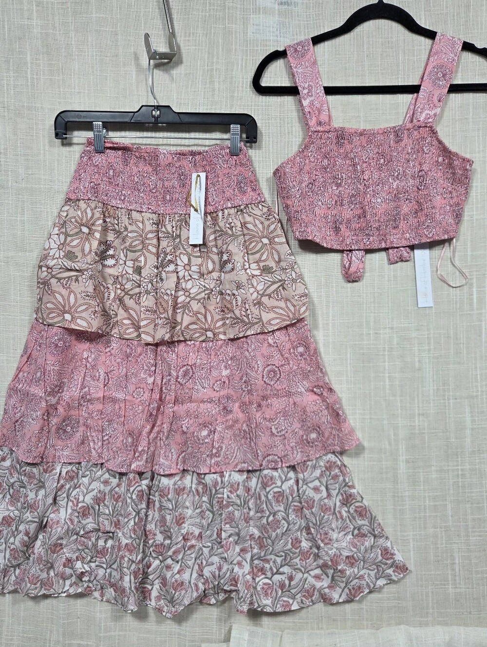 HOUSE OF HARLOW Pink Floral Cotton Smocked Crop Top & Tiered Maxi Skirt Set NWT.